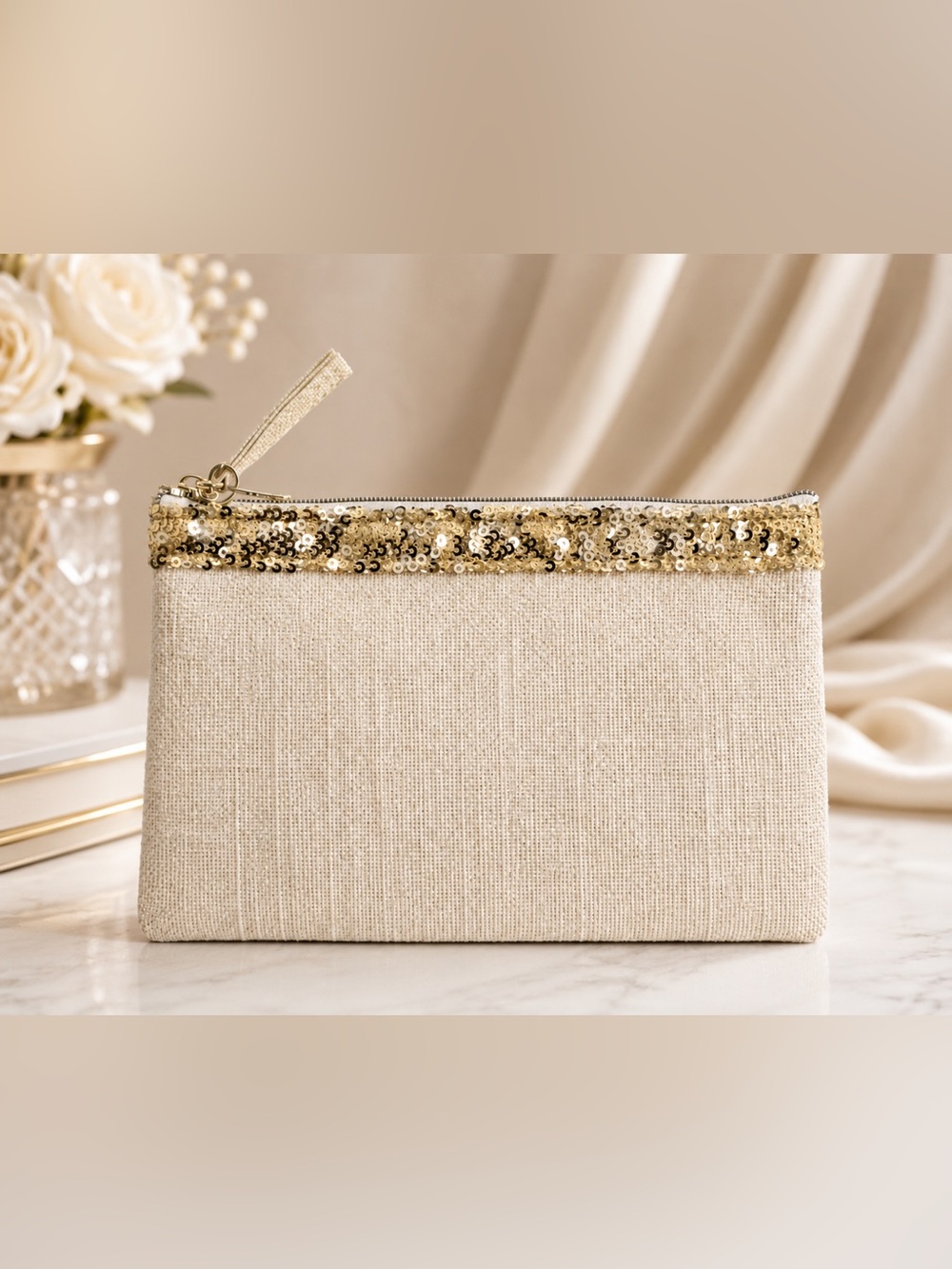 Dior J’Adore Linen Wristlet Clutch with Gold Sequin Trim | Beauty Pouch